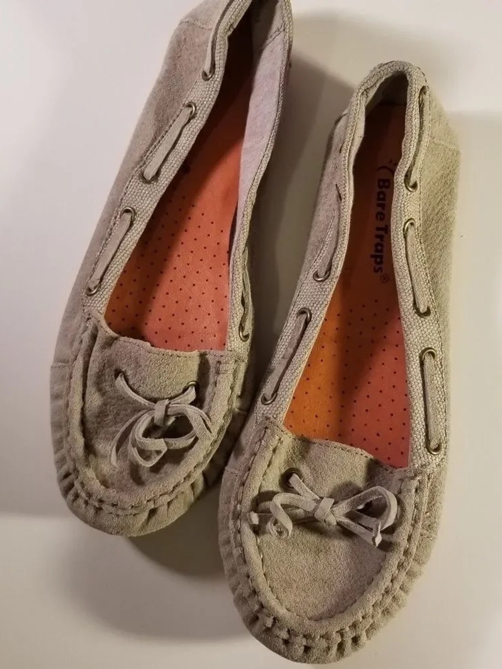 BareTraps Taupe Suede Women's Moccasin Flats with Orange Insoles